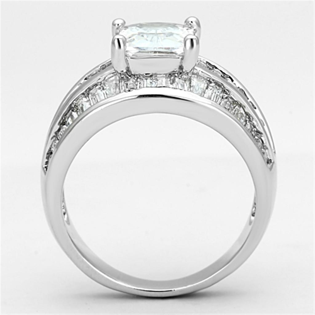 3W475 Rhodium Brass Ring featuring a clear AAA Grade CZ stone, showcasing its elegant design and luxurious finish.