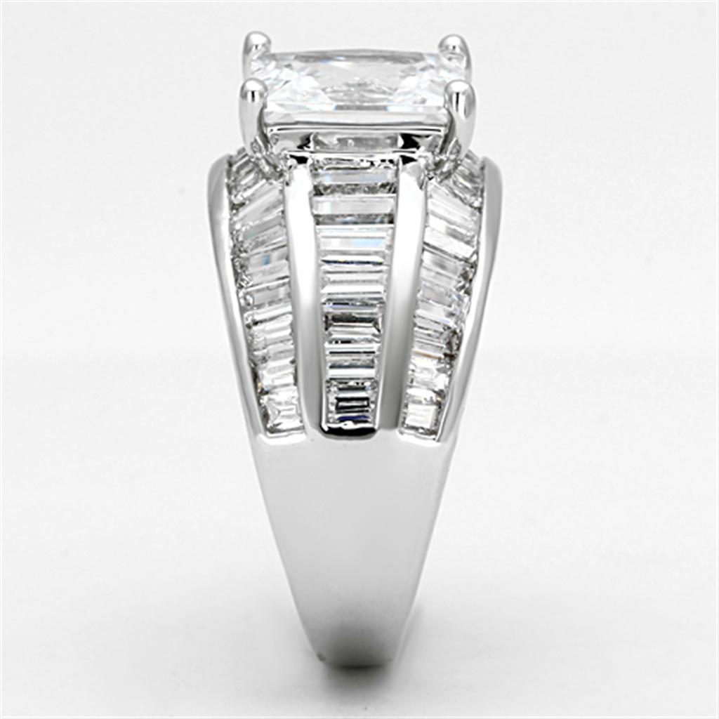 3W475 Rhodium Brass Ring featuring a clear AAA Grade CZ stone, showcasing its elegant design and luxurious finish.