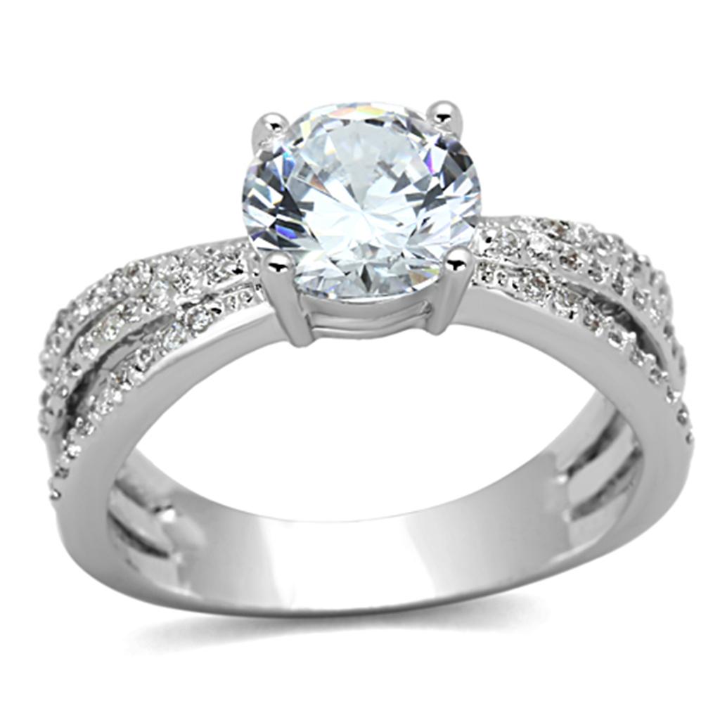 3W478 Rhodium Brass Ring featuring an 8 mm AAA Grade Clear CZ stone, showcasing its elegant design and luxurious finish.