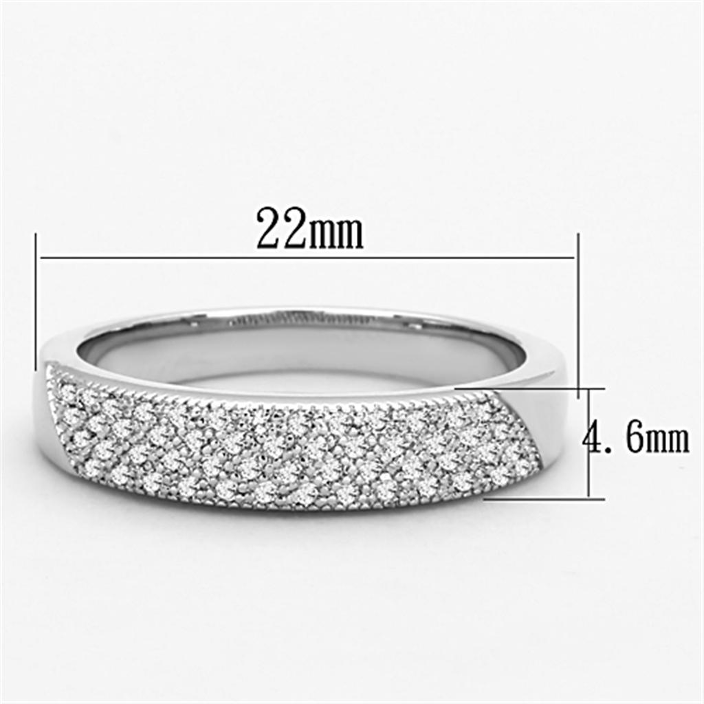 3W482 Rhodium Brass Ring featuring a clear AAA Grade CZ stone, showcasing its elegant design and shiny finish.