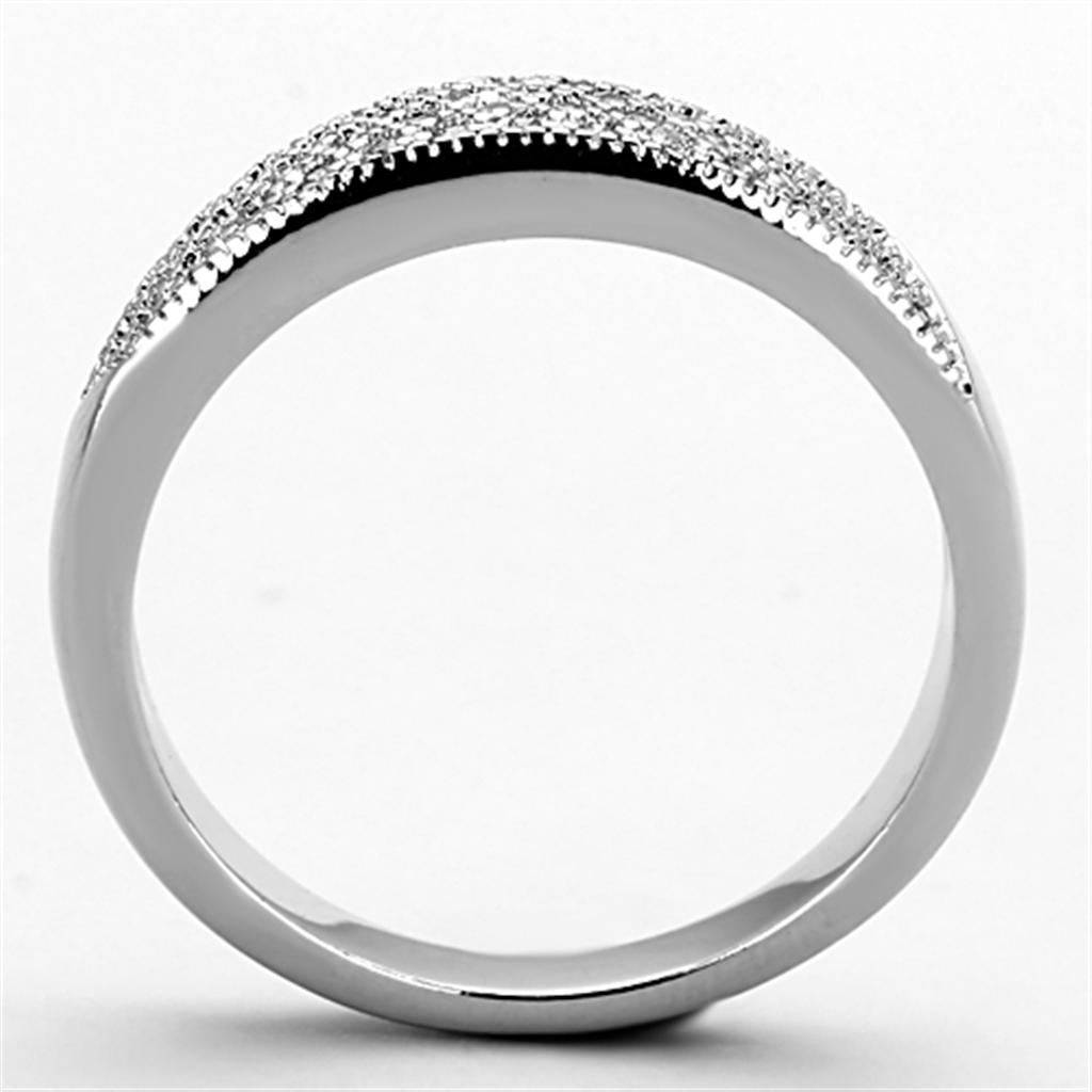 3W482 Rhodium Brass Ring featuring a clear AAA Grade CZ stone, showcasing its elegant design and shiny finish.