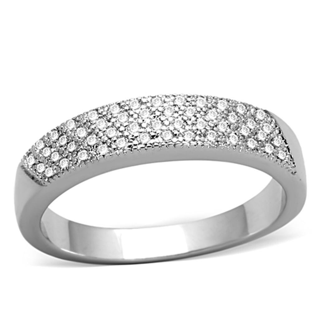 3W482 Rhodium Brass Ring featuring a clear AAA Grade CZ stone, showcasing its elegant design and shiny finish.