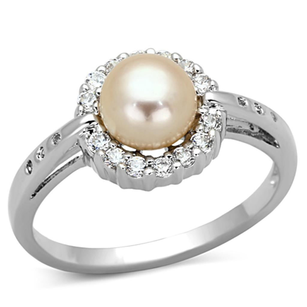 3W487 Rhodium Brass Ring featuring a synthetic white pearl, showcasing its elegant design and shiny finish.