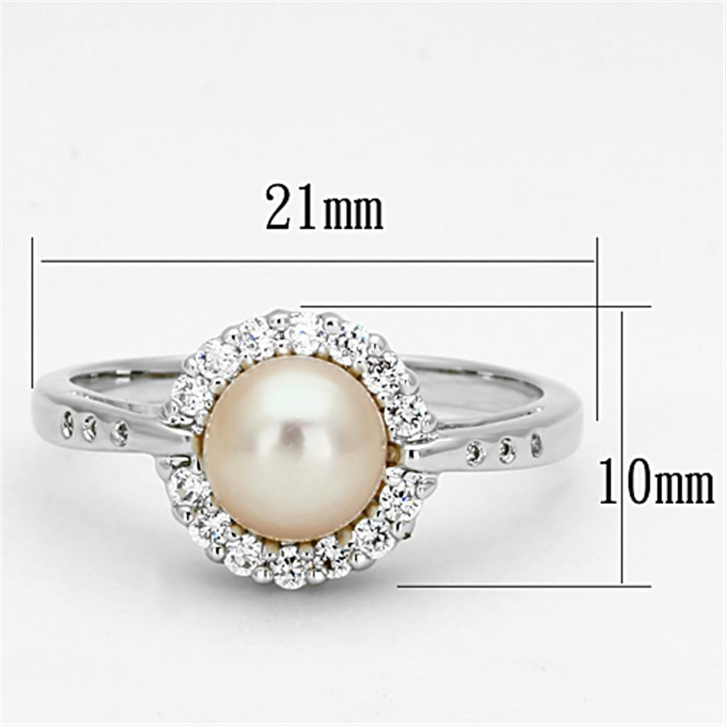 3W487 Rhodium Brass Ring featuring a synthetic white pearl, showcasing its elegant design and shiny finish.