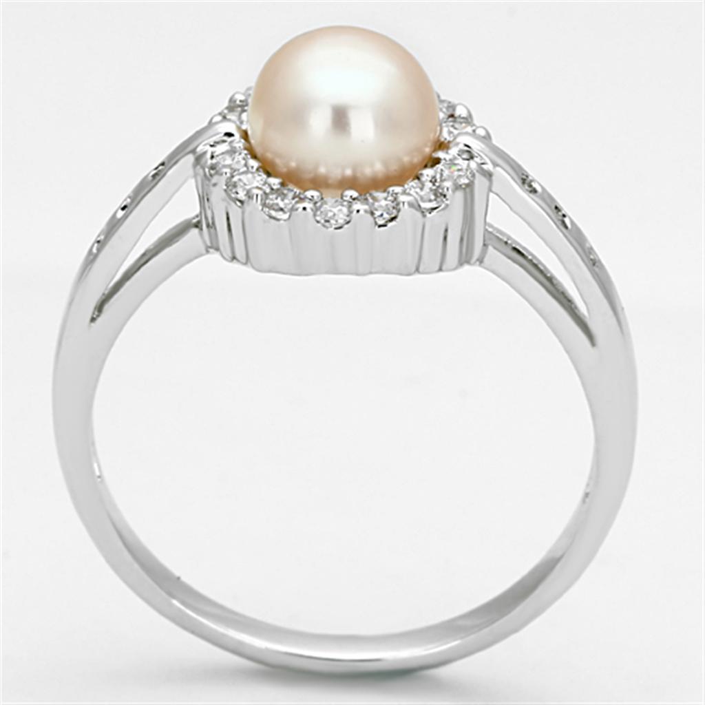 3W487 Rhodium Brass Ring featuring a synthetic white pearl, showcasing its elegant design and shiny finish.