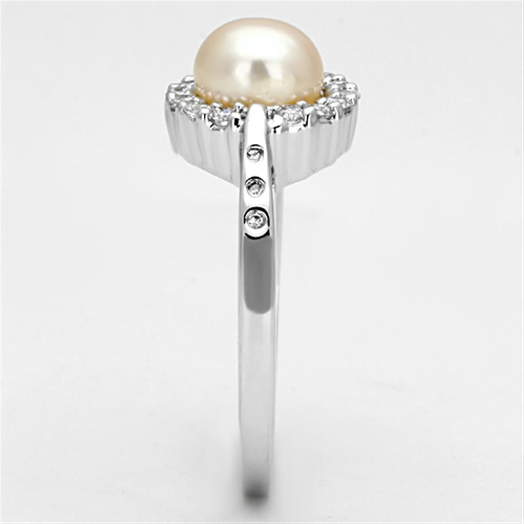 3W487 Rhodium Brass Ring featuring a synthetic white pearl, showcasing its elegant design and shiny finish.