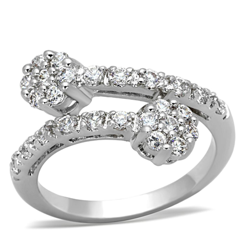 3W490 Rhodium Brass Ring featuring a clear AAA Grade CZ stone, showcasing its elegant design and shiny finish.