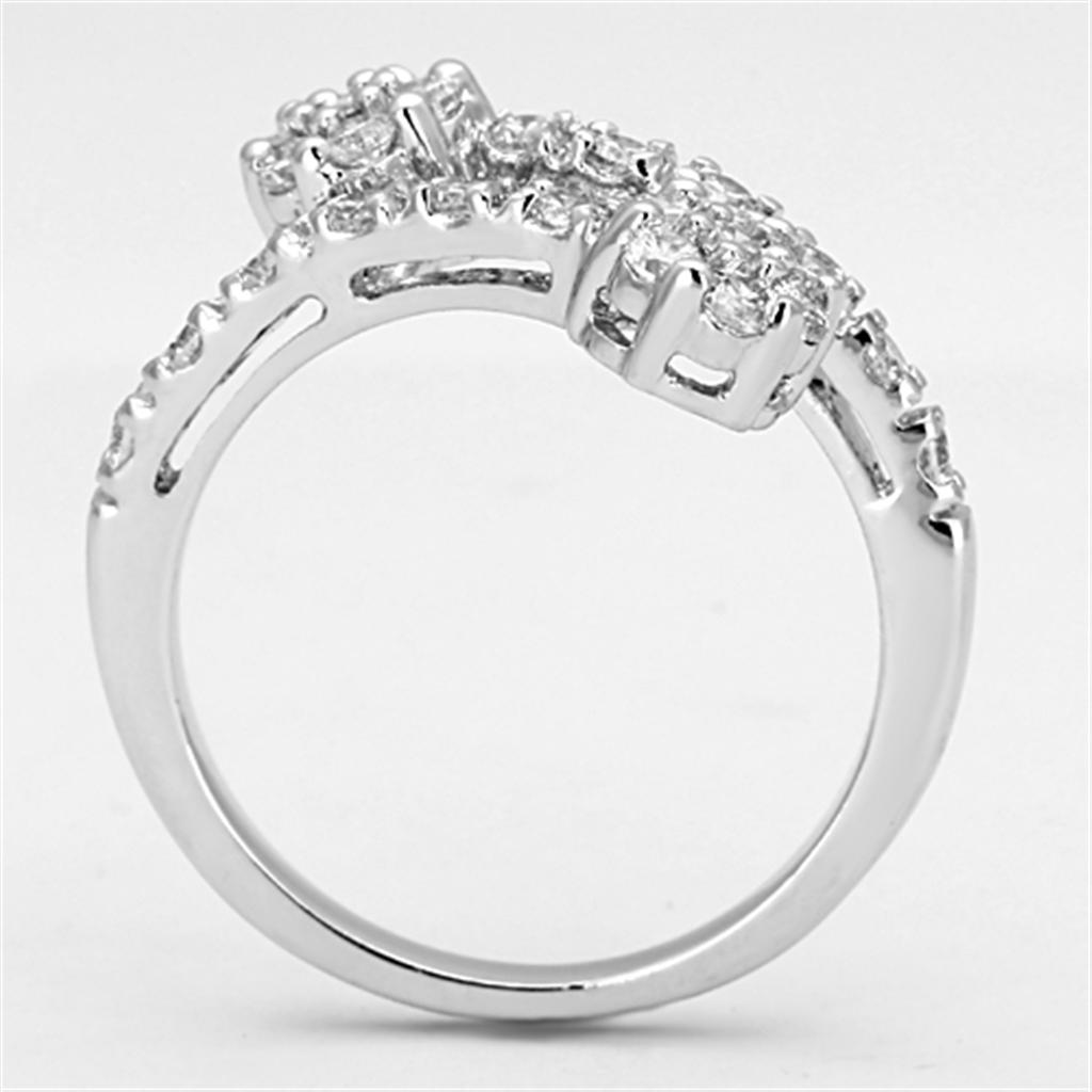 3W490 Rhodium Brass Ring featuring a clear AAA Grade CZ stone, showcasing its elegant design and shiny finish.