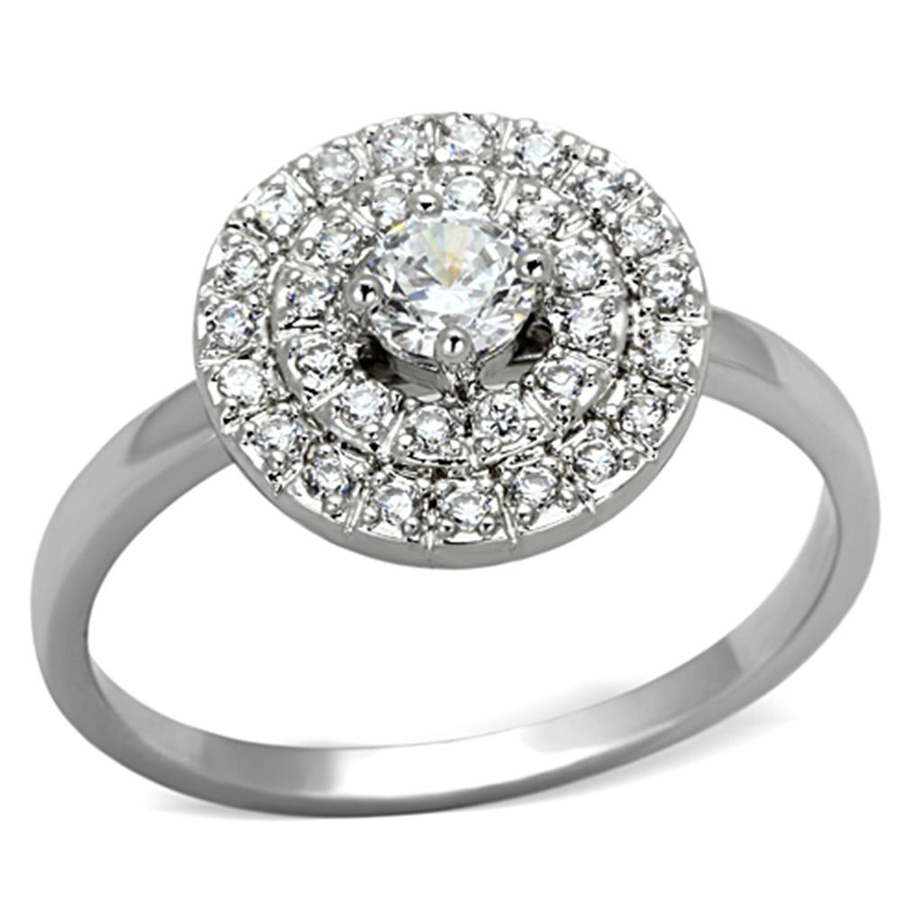 3W493 Rhodium Brass Ring featuring a clear AAA Grade CZ stone, showcasing its elegant design and luxurious finish.