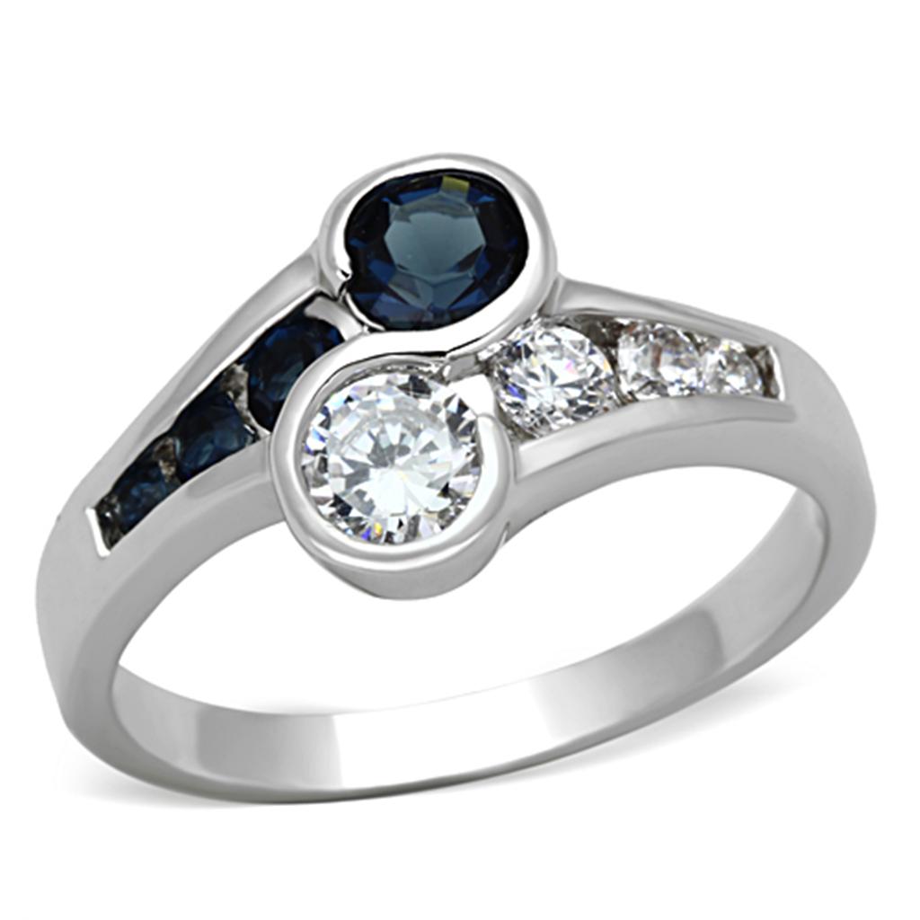 3W494 Rhodium Brass Ring featuring a synthetic sapphire glass center stone, showcasing a luxurious design and elegant finish.