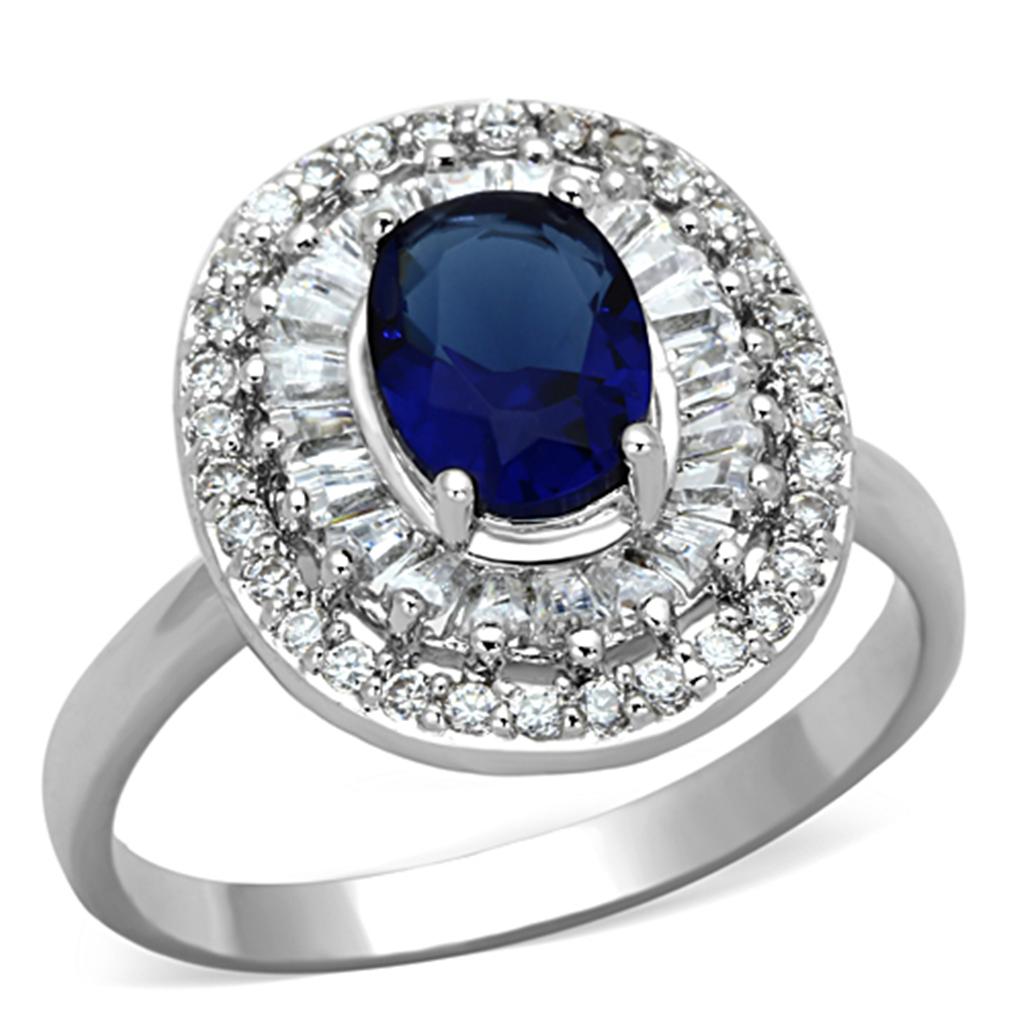 3W495 Rhodium Brass Ring featuring a synthetic sapphire glass stone, elegantly designed with a shiny finish.