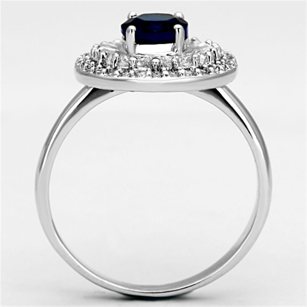 3W495 Rhodium Brass Ring featuring a synthetic sapphire glass stone, elegantly designed with a shiny finish.