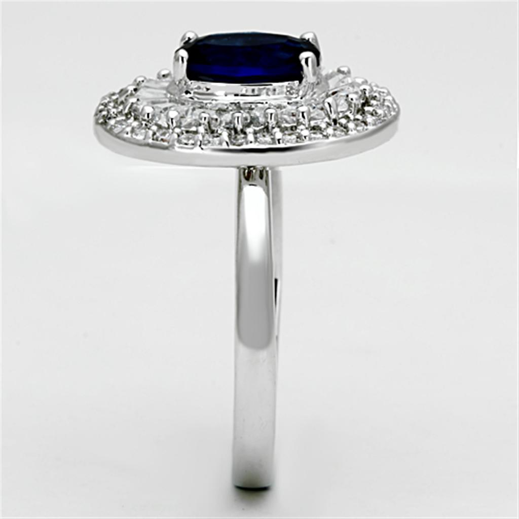 3W495 Rhodium Brass Ring featuring a synthetic sapphire glass stone, elegantly designed with a shiny finish.