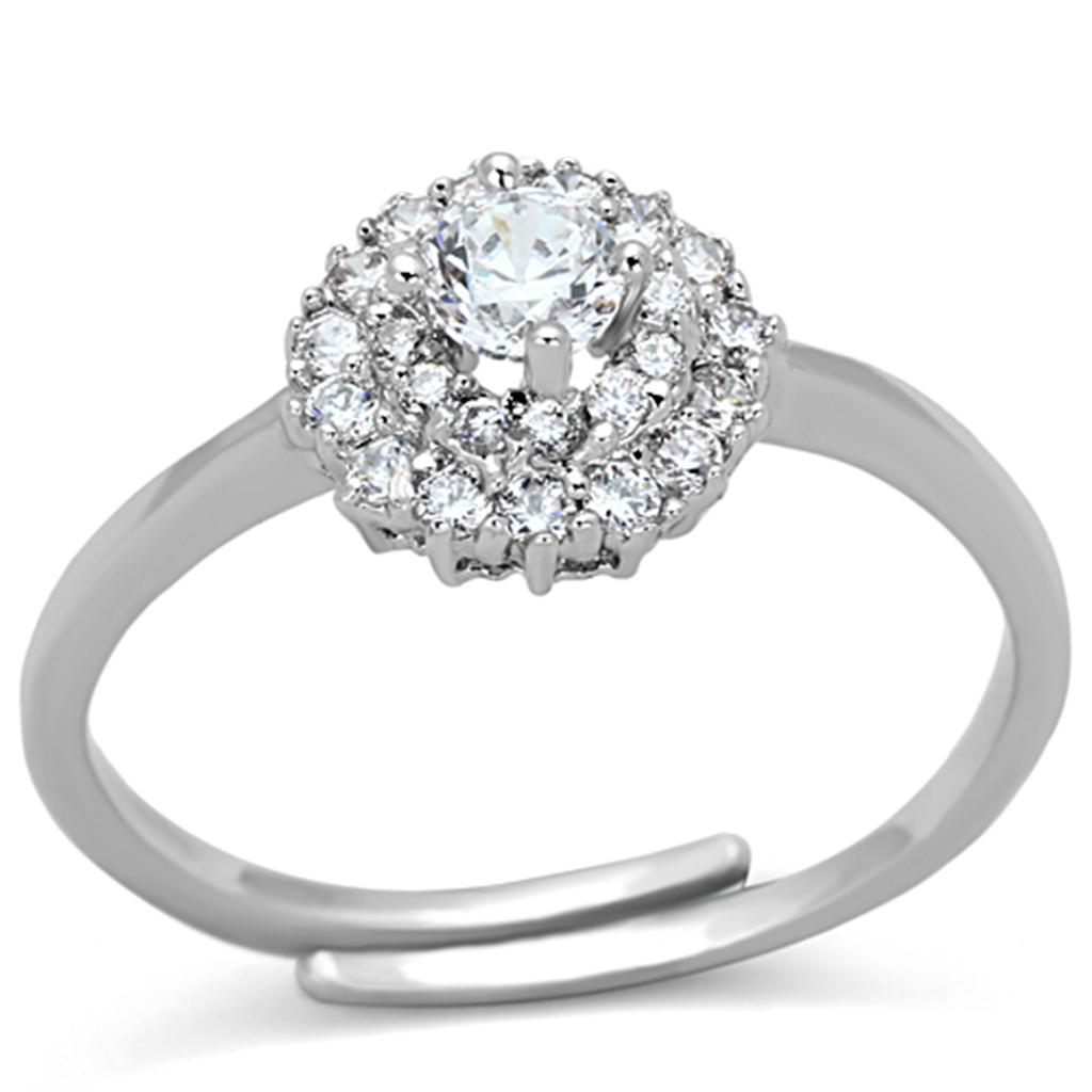 3W501 Rhodium Brass Ring featuring a clear AAA Grade CZ stone, elegantly designed with a shiny finish.