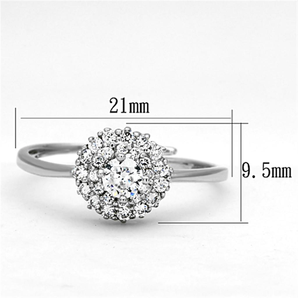 3W501 Rhodium Brass Ring featuring a clear AAA Grade CZ stone, elegantly designed with a shiny finish.