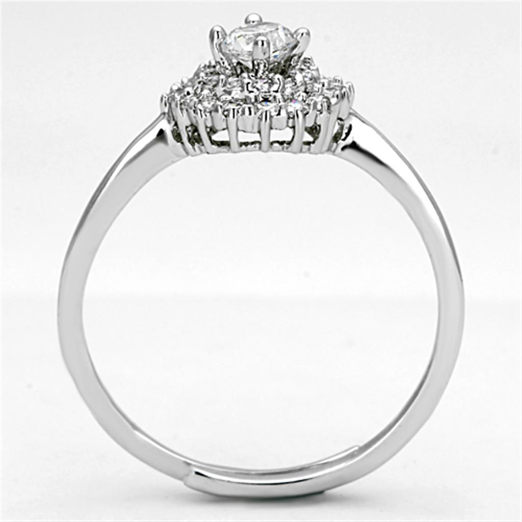 3W501 Rhodium Brass Ring featuring a clear AAA Grade CZ stone, elegantly designed with a shiny finish.