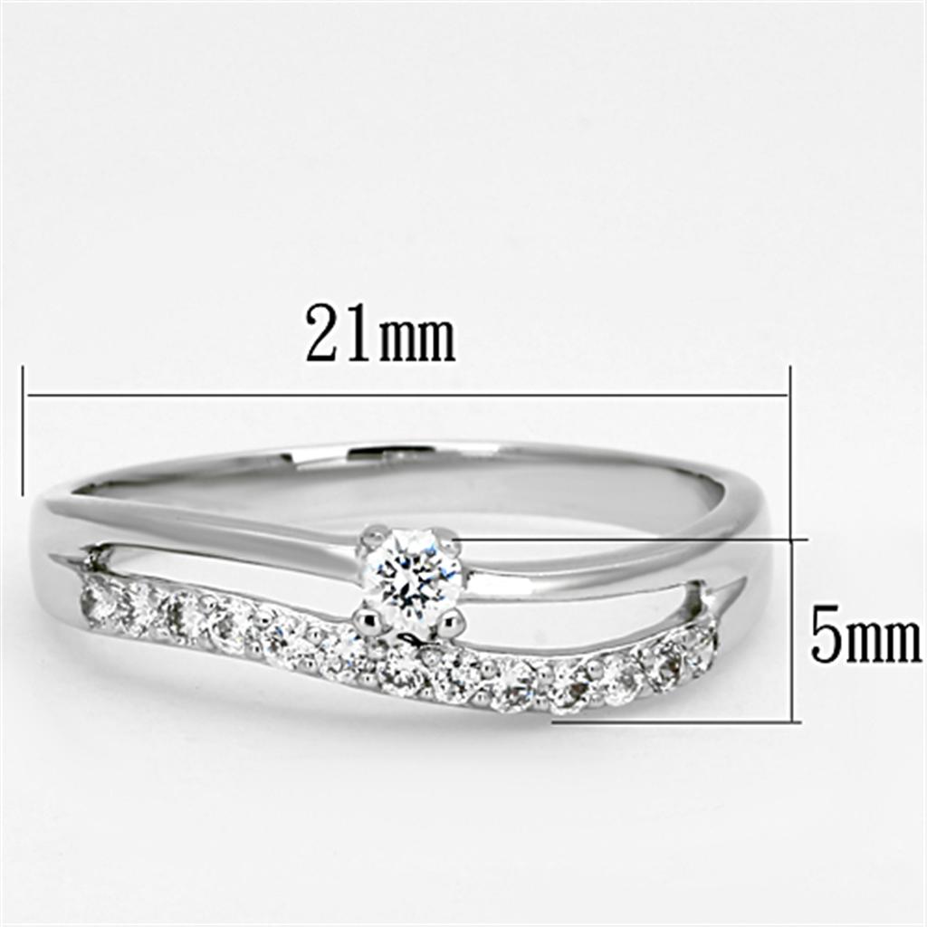 3W505 Rhodium Brass Ring featuring a clear AAA Grade CZ stone, showcasing its elegant design and shiny finish.