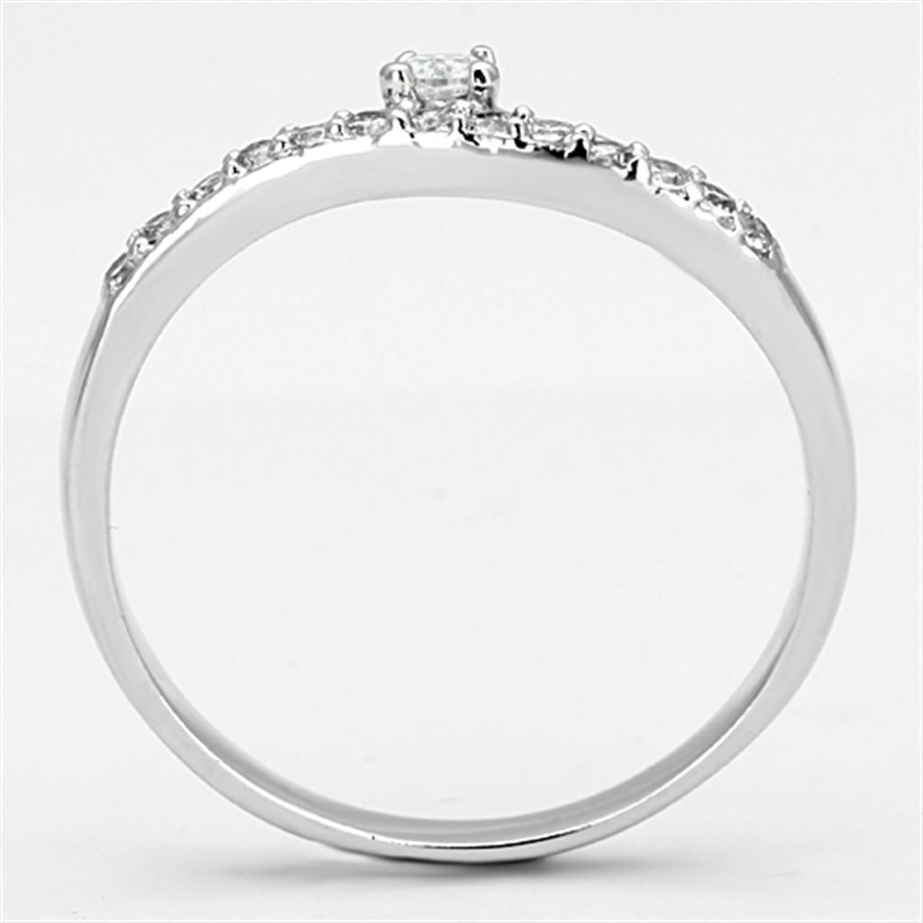 3W505 Rhodium Brass Ring featuring a clear AAA Grade CZ stone, showcasing its elegant design and shiny finish.