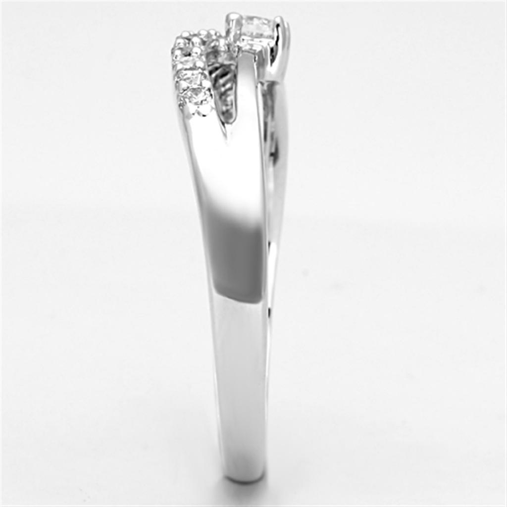 3W505 Rhodium Brass Ring featuring a clear AAA Grade CZ stone, showcasing its elegant design and shiny finish.