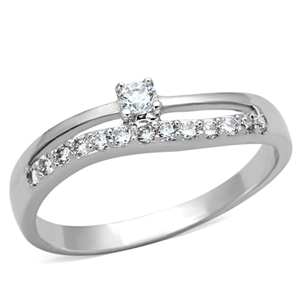 3W505 Rhodium Brass Ring featuring a clear AAA Grade CZ stone, showcasing its elegant design and shiny finish.