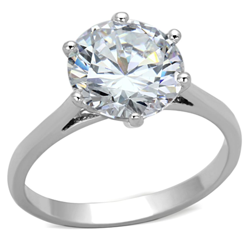 3W514 Rhodium Brass Ring featuring a clear AAA Grade CZ stone, showcasing its elegant design and shiny finish.