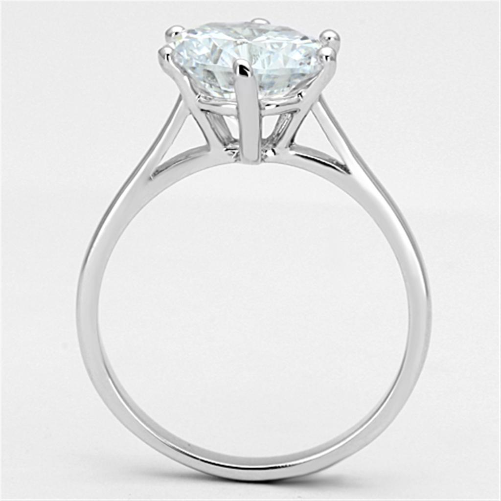 3W514 Rhodium Brass Ring featuring a clear AAA Grade CZ stone, showcasing its elegant design and shiny finish.