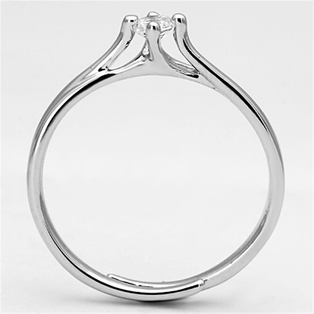 3W520 Rhodium Brass Ring featuring a clear AAA Grade CZ stone, showcasing its elegant design and shiny finish.