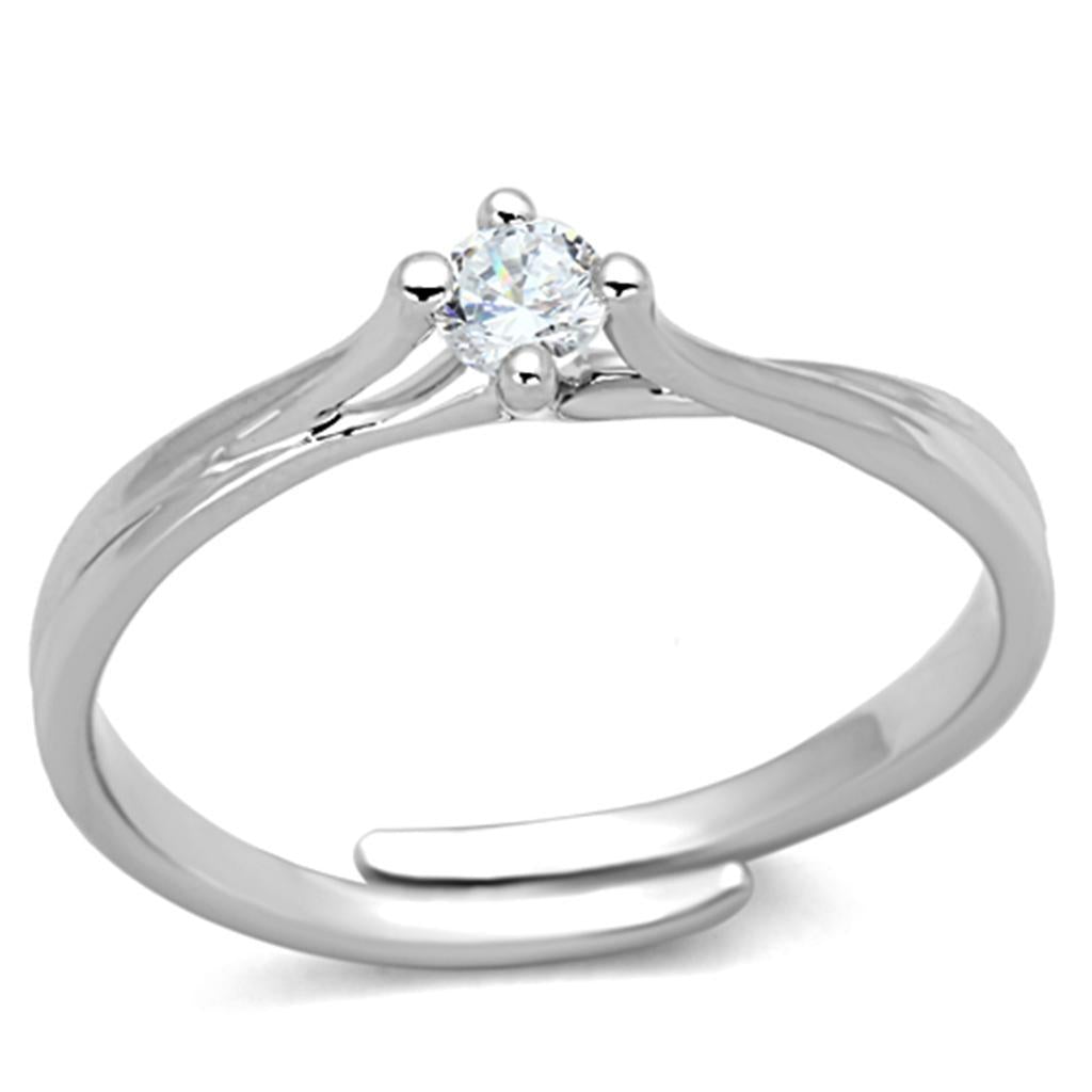 3W520 Rhodium Brass Ring featuring a clear AAA Grade CZ stone, showcasing its elegant design and shiny finish.