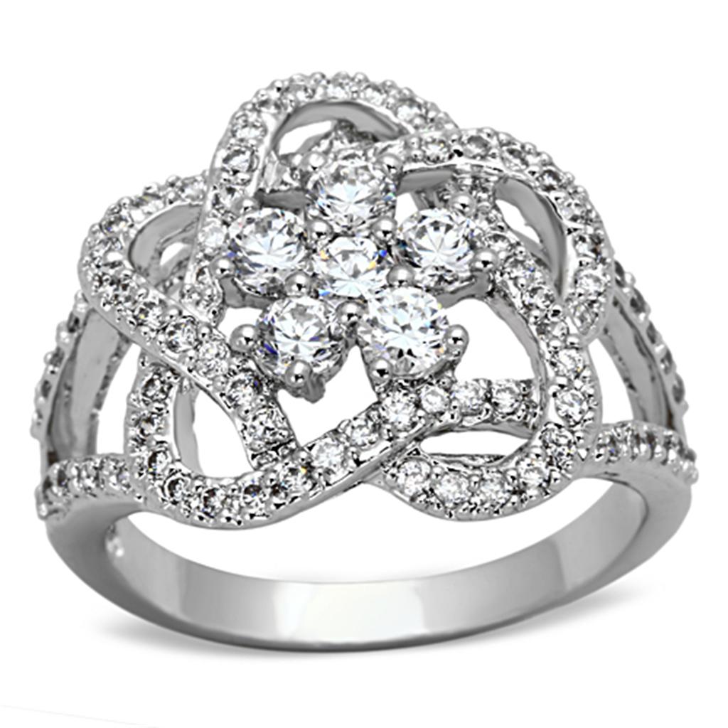 3W523 Rhodium Brass Ring featuring a clear AAA Grade CZ stone, showcasing its elegant design and shiny finish.