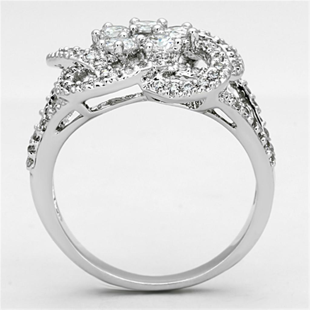 3W523 Rhodium Brass Ring featuring a clear AAA Grade CZ stone, showcasing its elegant design and shiny finish.