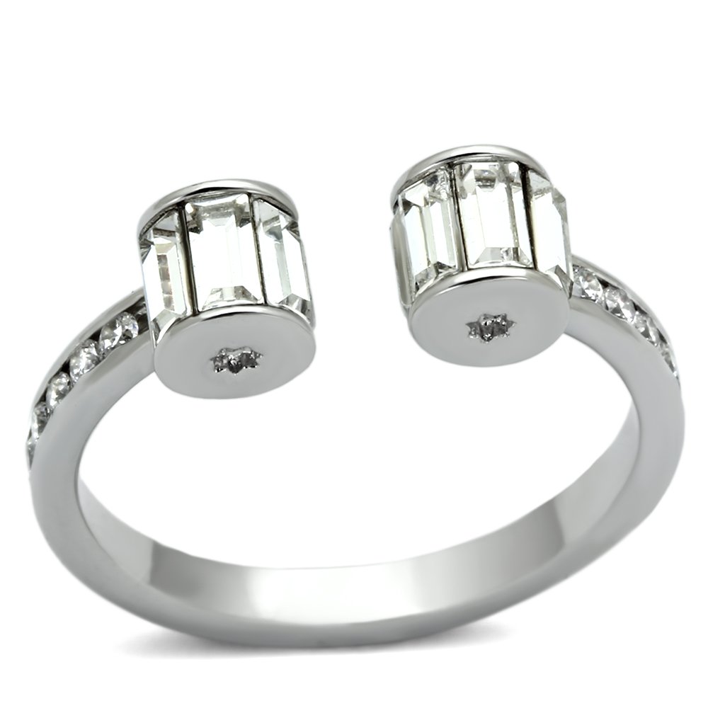 3W526 Rhodium Brass Ring featuring a clear top grade crystal, showcasing its elegant design and luxurious finish.