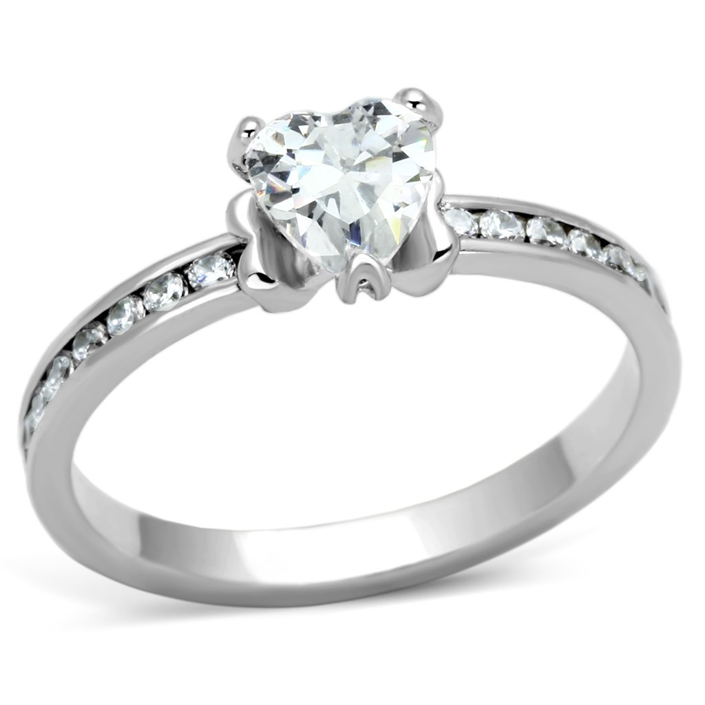 3W527 Rhodium Brass Ring featuring a clear AAA Grade CZ center stone, showcasing its elegant design and shiny finish.