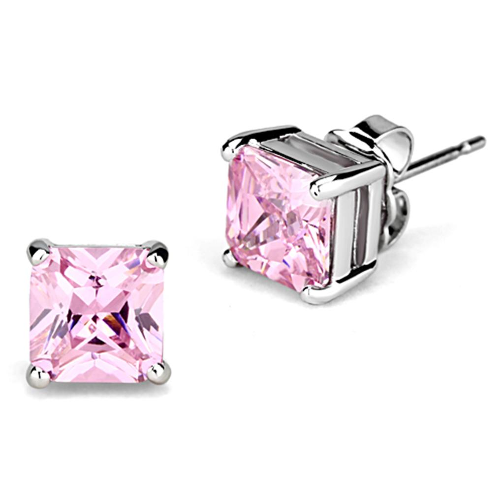 Elegant 3W531 Rhodium Brass Earrings featuring AAA Grade CZ stones in rose color, showcasing a square design.