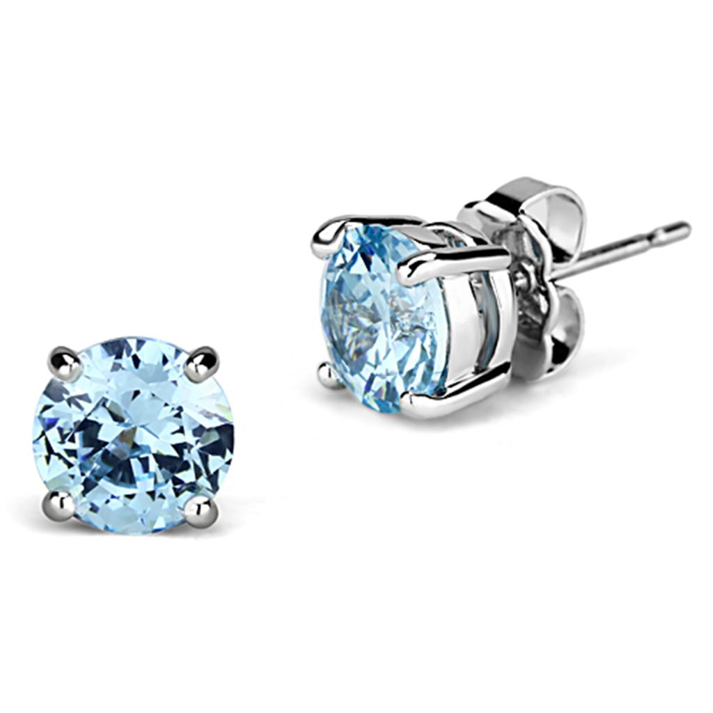 Elegant 3W546 Rhodium Brass Earrings featuring AAA Grade CZ in Sea Blue, showcasing their stunning design and quality craftsmanship.