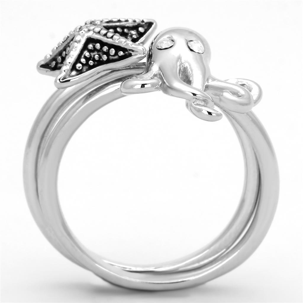 3W564 Rhodium Brass Ring featuring a clear top grade crystal, showcasing its elegant design and shiny finish.