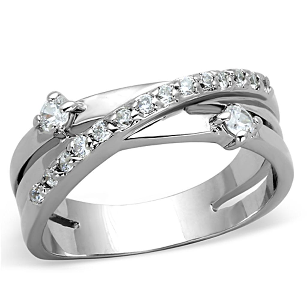 3W565 Rhodium Brass Ring featuring a clear AAA Grade CZ stone, showcasing its elegant design and sparkling finish.