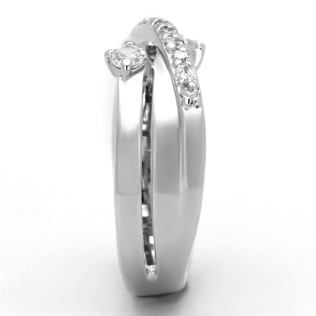 3W565 Rhodium Brass Ring featuring a clear AAA Grade CZ stone, showcasing its elegant design and sparkling finish.