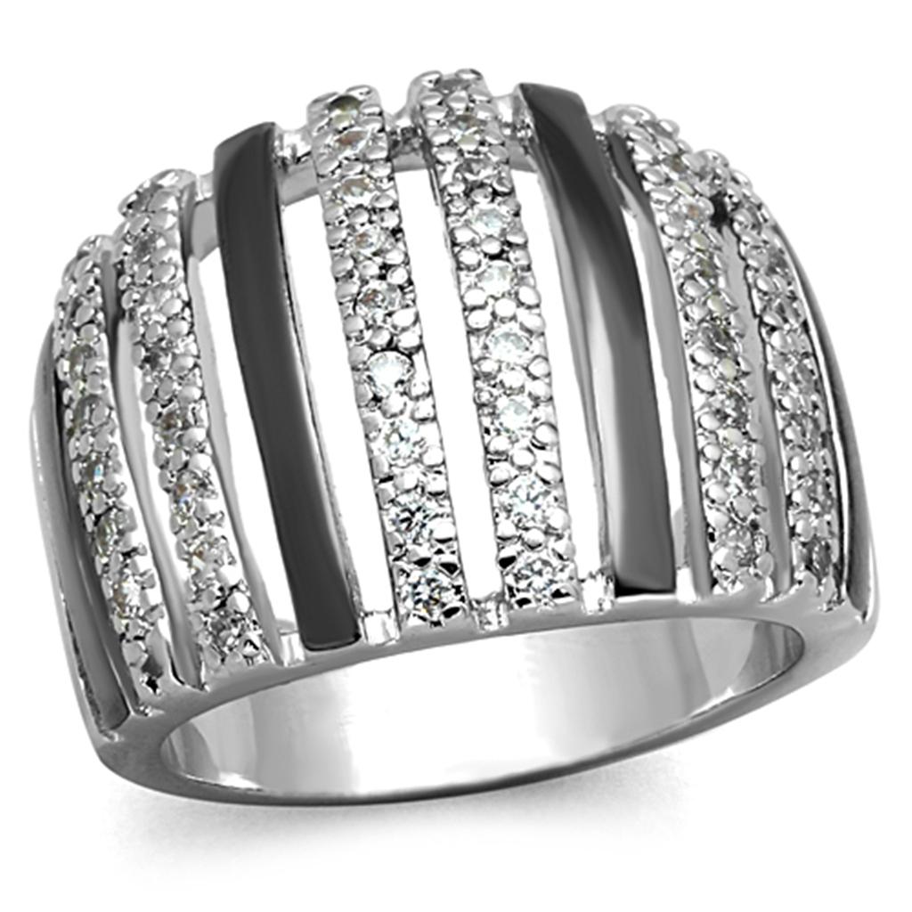 3W567 Rhodium and Ruthenium Brass Ring featuring a clear AAA Grade CZ center stone, showcasing elegance and sophistication.