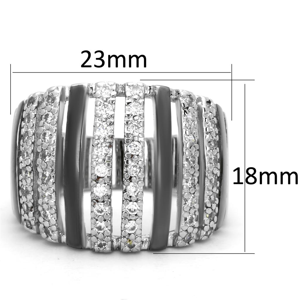 3W567 Rhodium and Ruthenium Brass Ring featuring a clear AAA Grade CZ center stone, showcasing elegance and sophistication.