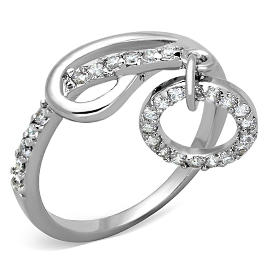 Rhodium brass ring featuring a clear AAA grade cubic zirconia stone, showcasing elegance and sophistication.