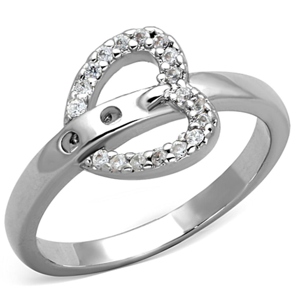 3W573 Rhodium Brass Ring featuring a clear AAA Grade CZ stone, showcasing its elegant design and shiny finish.