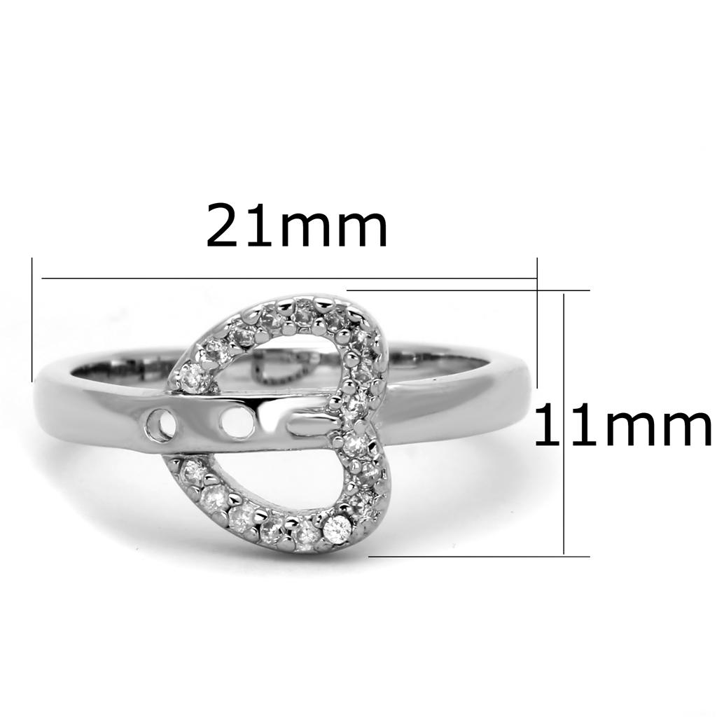 3W573 Rhodium Brass Ring featuring a clear AAA Grade CZ stone, showcasing its elegant design and shiny finish.