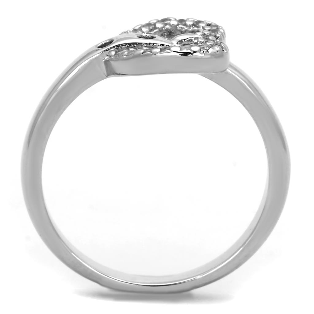 3W573 Rhodium Brass Ring featuring a clear AAA Grade CZ stone, showcasing its elegant design and shiny finish.