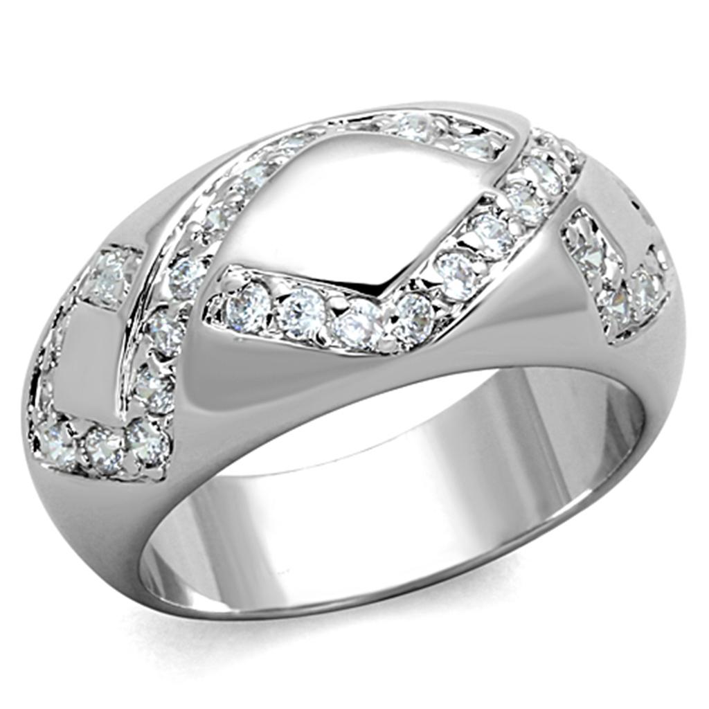 3W582 Rhodium Brass Ring featuring a clear AAA Grade CZ stone, showcasing its elegant design and luxurious finish.