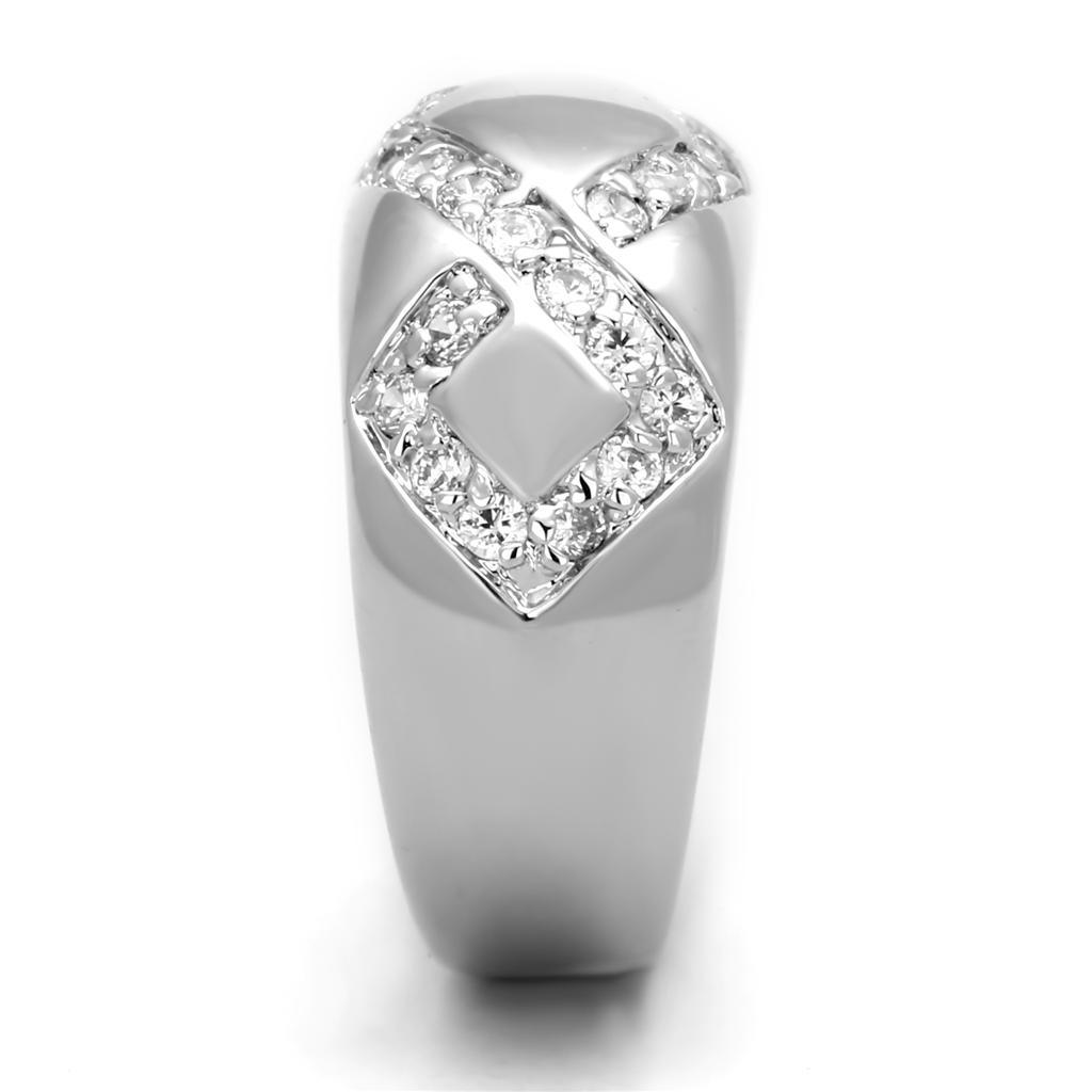 3W582 Rhodium Brass Ring featuring a clear AAA Grade CZ stone, showcasing its elegant design and luxurious finish.