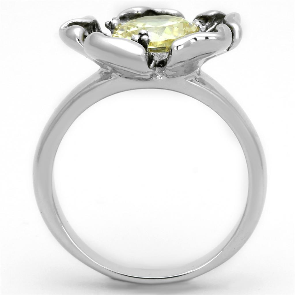 3W585 Rhodium Brass Ring featuring AAA Grade CZ in vibrant Citrine Yellow, showcasing its elegant design and sparkling center stone.