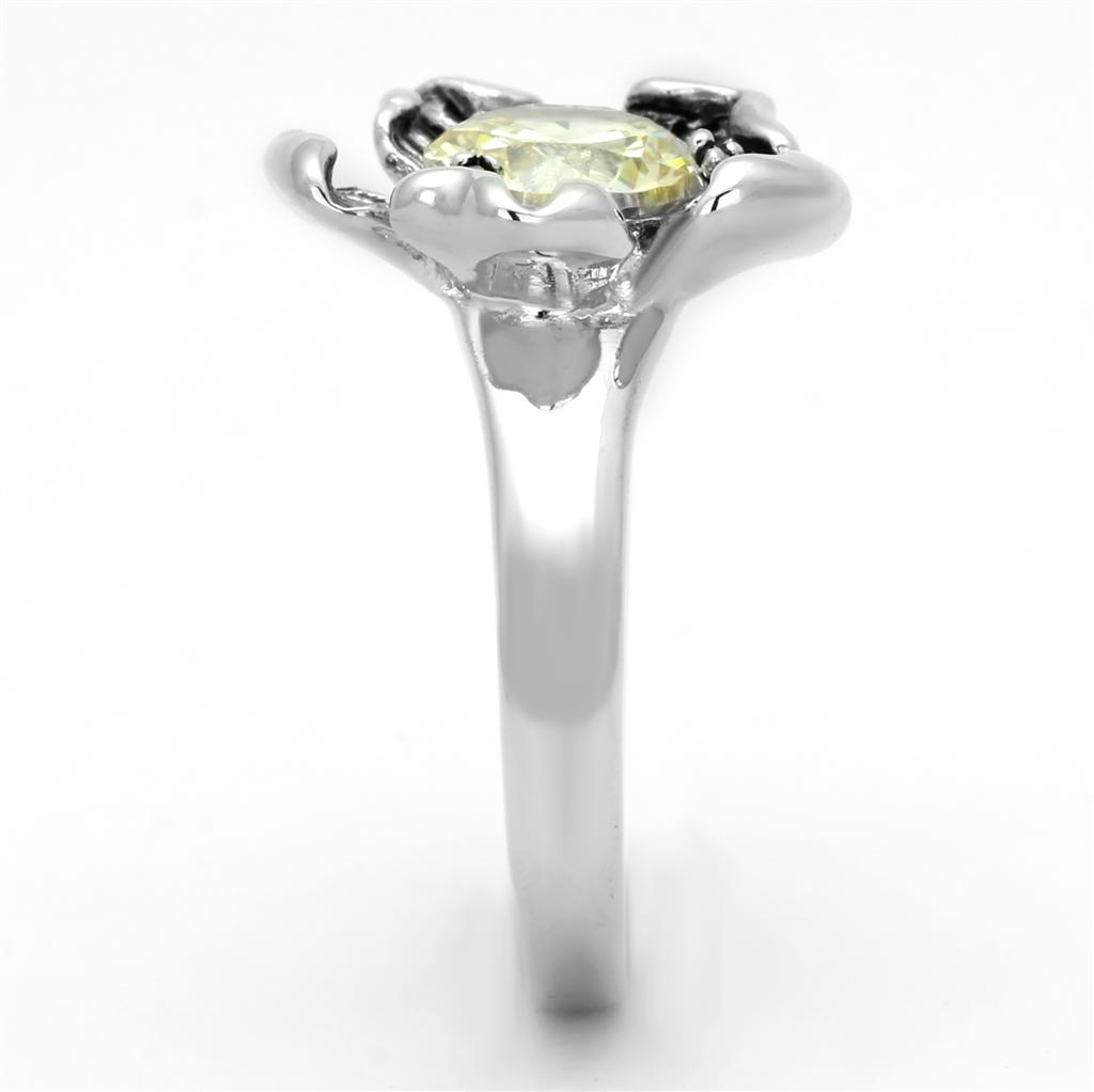 3W585 Rhodium Brass Ring featuring AAA Grade CZ in vibrant Citrine Yellow, showcasing its elegant design and sparkling center stone.