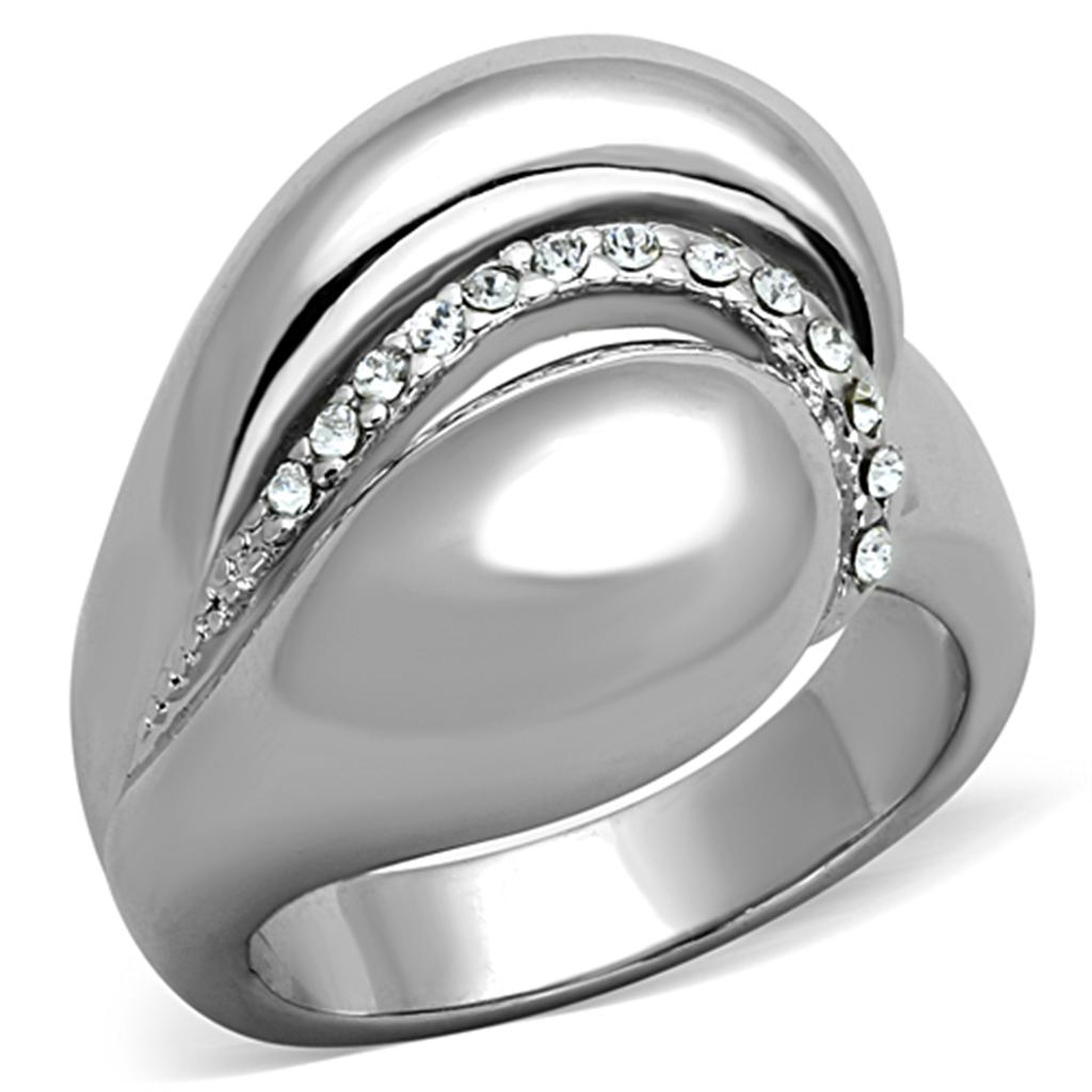 3W586 Rhodium Brass Ring featuring a clear top grade crystal, showcasing its elegant design and luxurious finish.