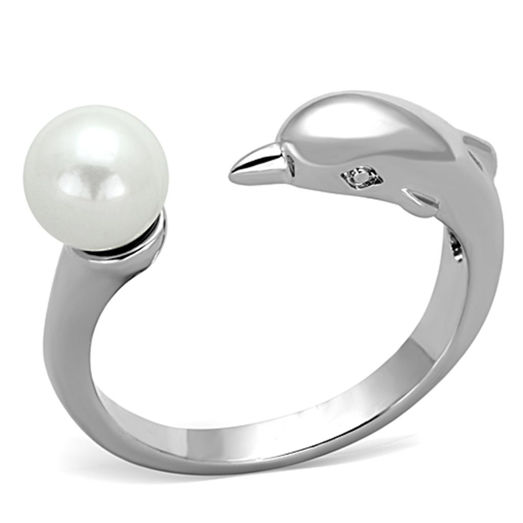 3W587 Rhodium Brass Ring featuring a synthetic white pearl centerpiece, elegantly designed for timeless beauty.