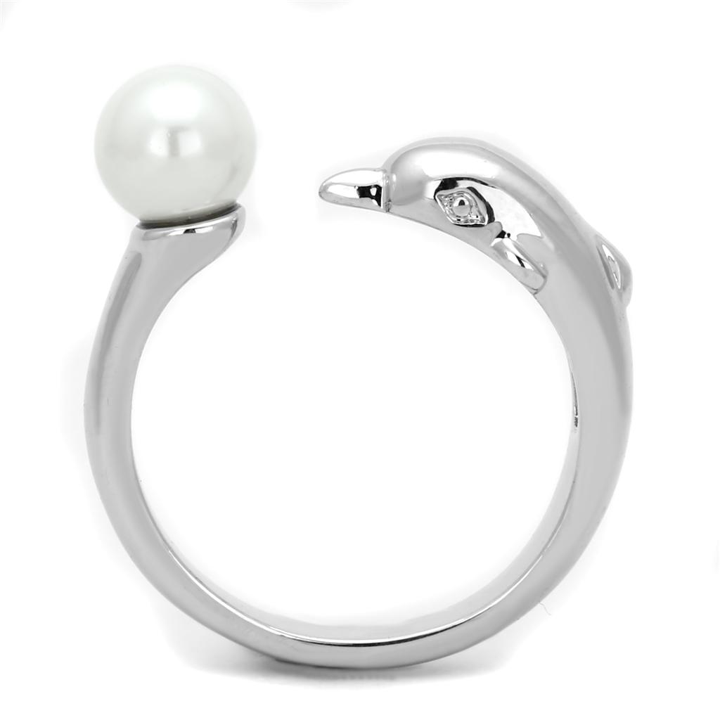 3W587 Rhodium Brass Ring featuring a synthetic white pearl centerpiece, elegantly designed for timeless beauty.